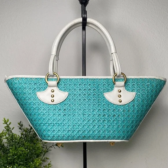 Inge Trapezoid Shoulder Bag Satchel‎ in Turquoise Cane, White Trim, Linen Lining - Picture 2 of 15